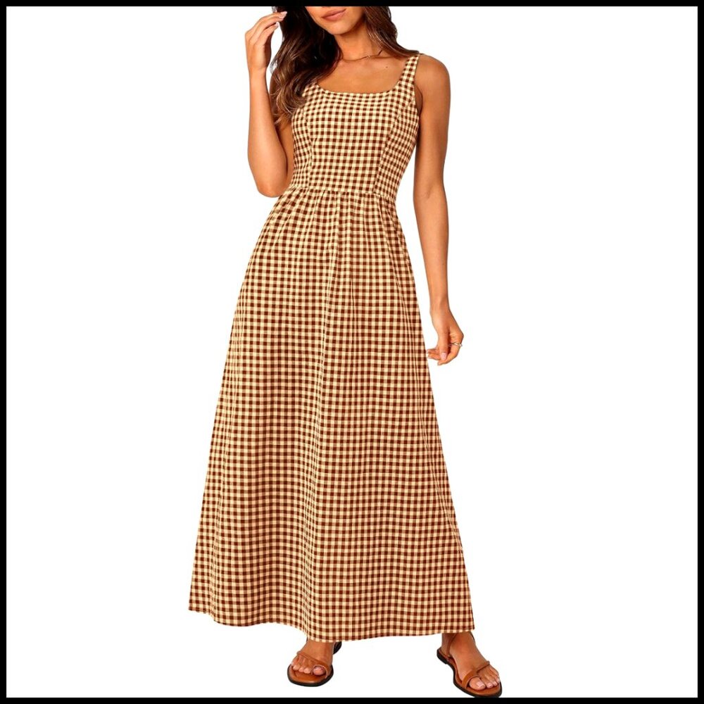 Summer Maxi Dress Spaghetti Strap Square Neck Plaid A-Line Pockets